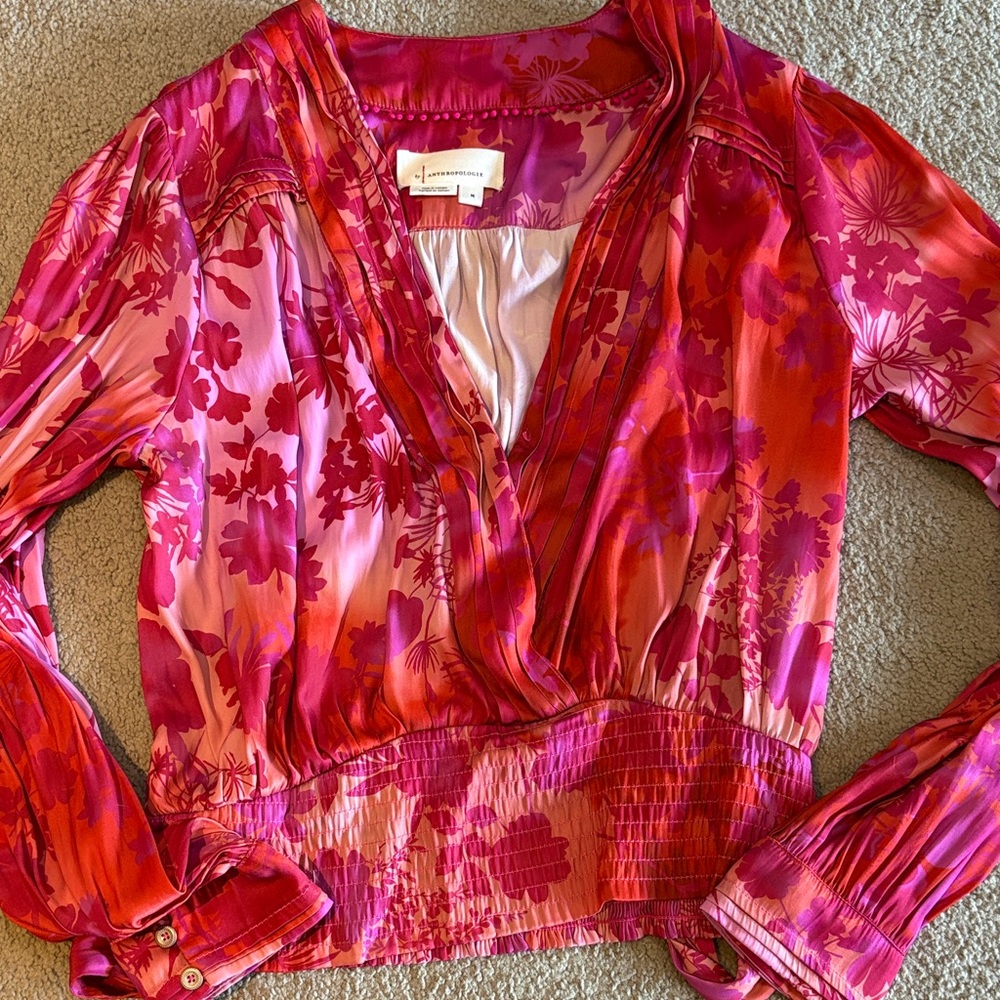 Anthropologie Pink and Red Floral Blouse